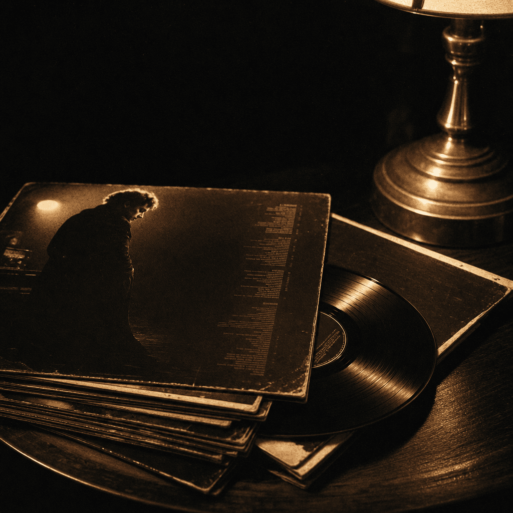 Des pochettes de disques usées et un disque à moitié sorti de sa pochette, éclairés par une lampe en laiton.